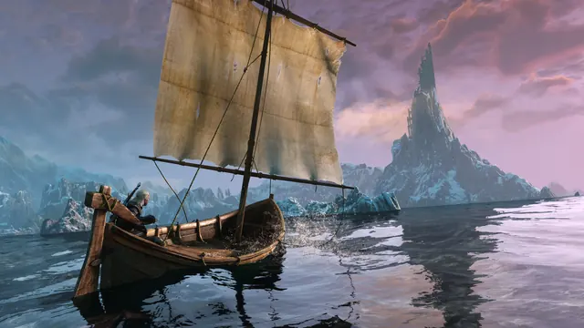 Geralt sails a small boat across the sea toward a rocky island